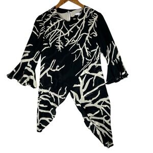 Ala von Auersperg Silk Branch Asymmetrical Bell Sleeve Blouse XS Black White